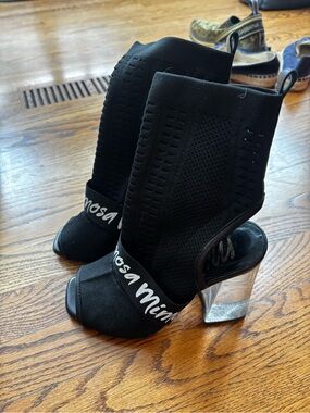 Black Open-Toe Knit Block Heel Booties with Clear Heel